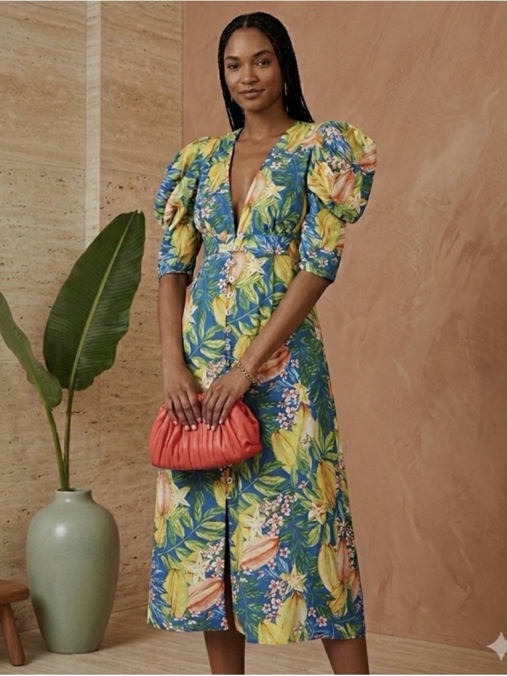FARM Rio Blue and Yellow Tropical Puff-Sleeve Midi Dress - Picture 1 of 13